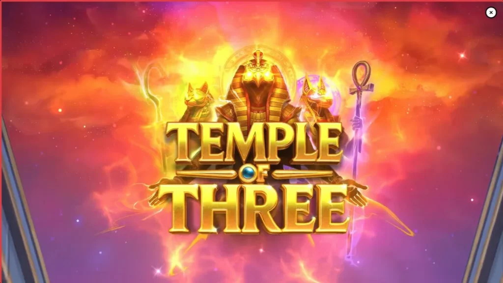 Temple of Three slot game interface featuring Egyptian deities and golden symbols