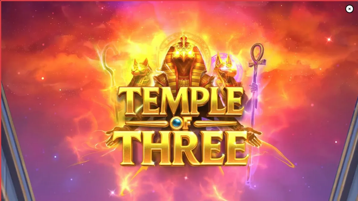 Temple of Three slot game interface featuring Egyptian deities and golden symbols
